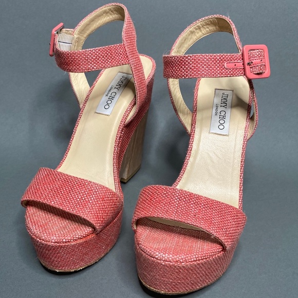 Jimmy Choo Pink Nico Woven Raffia Wood Wedge - Picture 2 of 8